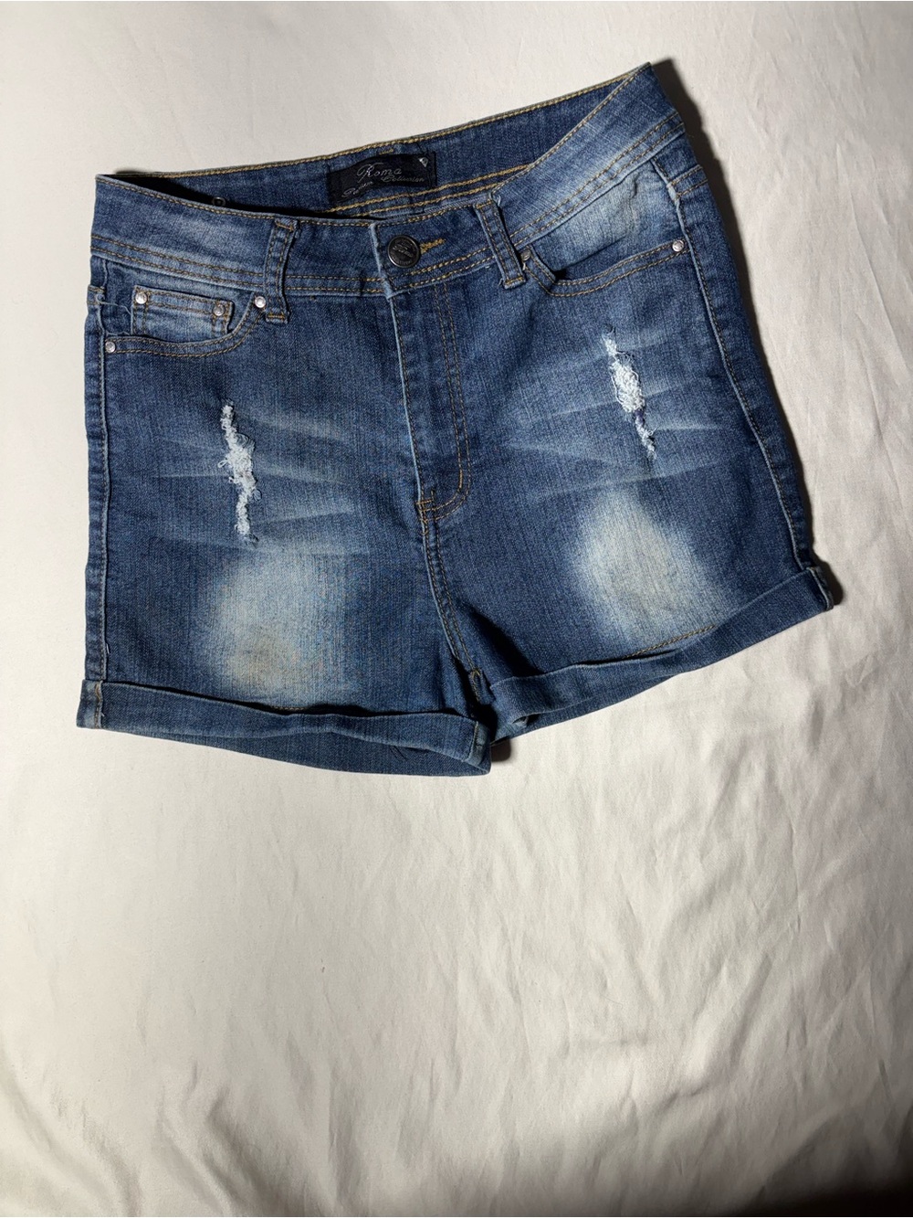 Roma Women's Medium Blue Distressed Rolled Hem Jean Shorts